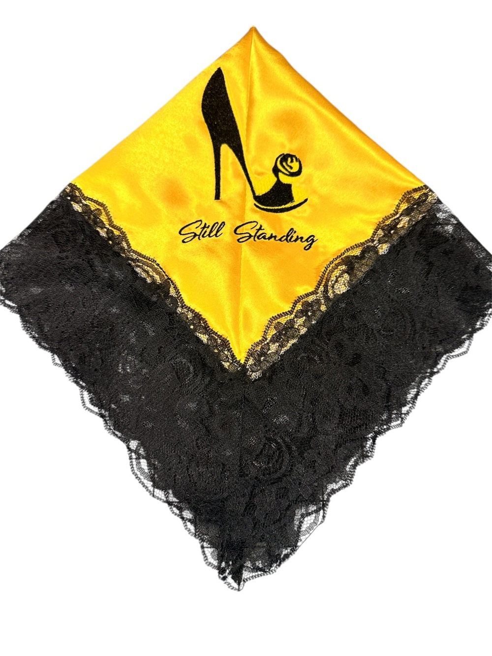 Yellow Satin Embroidered Still Standing Church Handkerchief Black Lace Trim